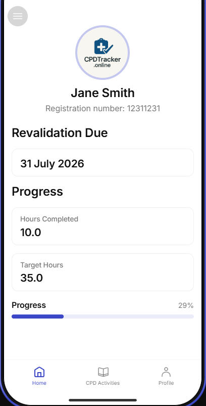 Home page screenshot a screenshot of the app home page featuring the user's name, when their revalidation is due and their progress to completion of their CPD