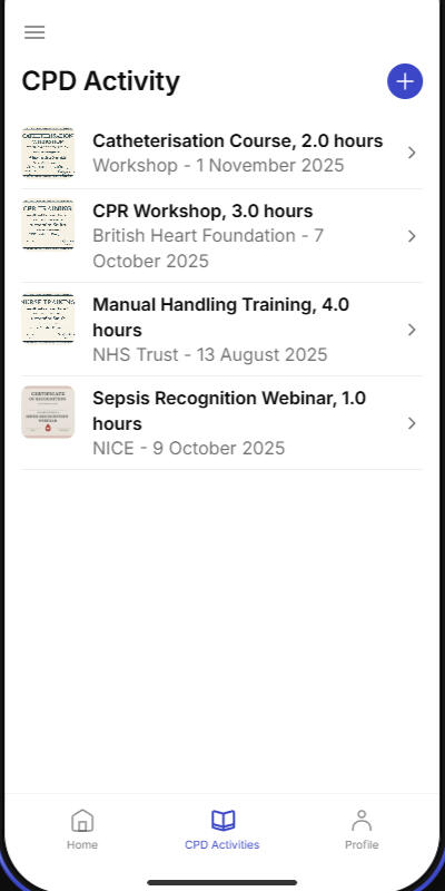 Home page screenshot a screenshot of the app home page featuring the user's name, when their revalidation is due and their progress to completion of their CPD
